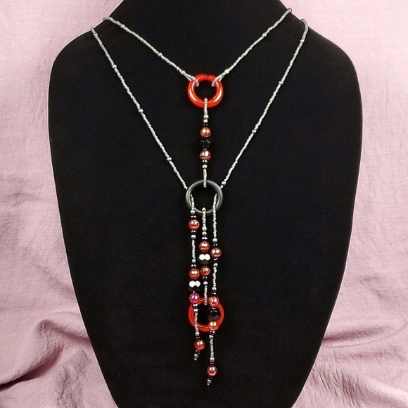 Beaded Lariat Necklace Red and Gray Beaded Choker Necklace Beaded Long Necklace - Picture 6 of 10